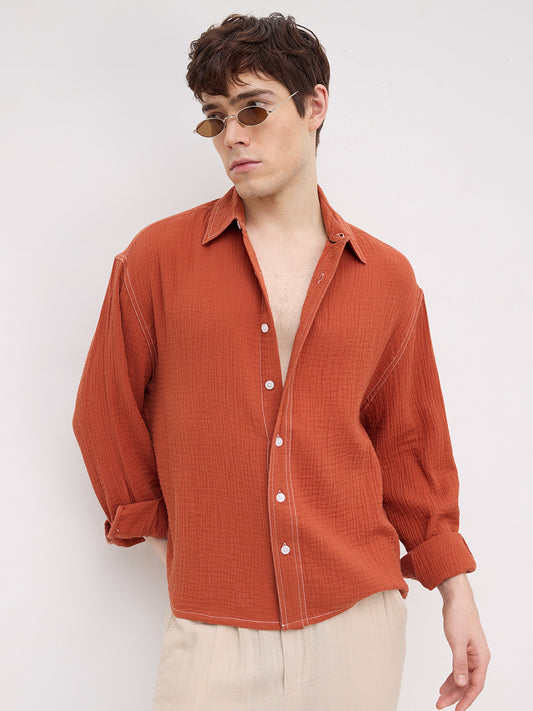 Rust Contrast Stitch Double Cloth Boxy Fit Crop Shirt