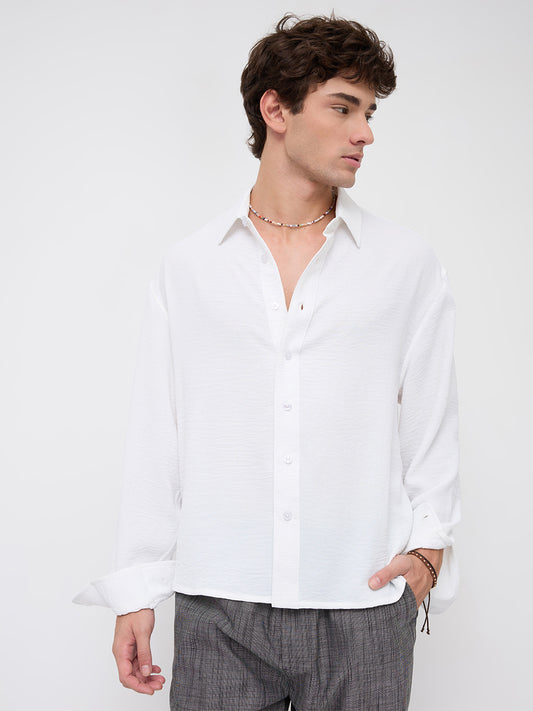 Snow White Crinkled Boxy Fit Crop Shirt