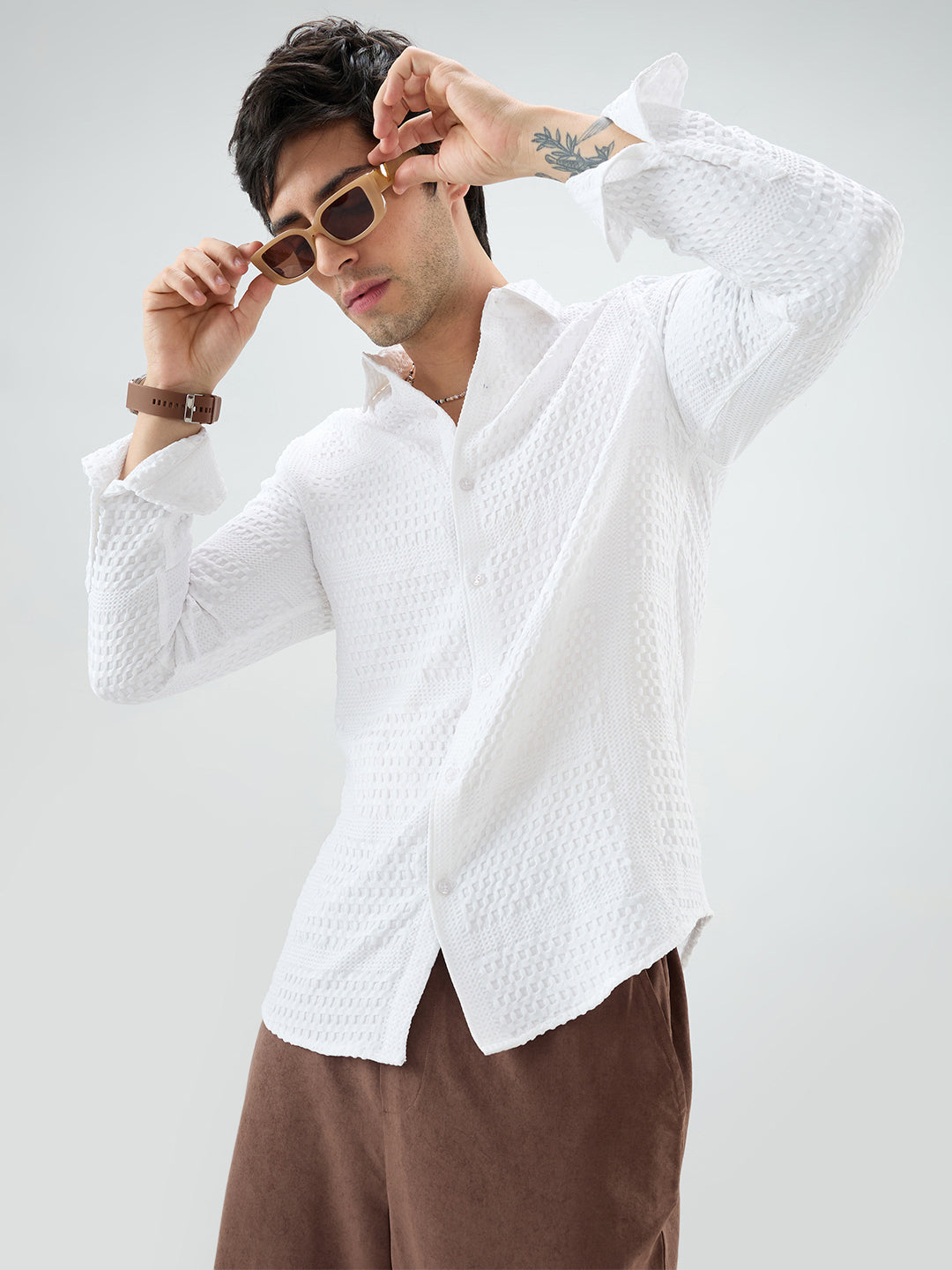 Snow White Geometric Grid Embossed Shirt