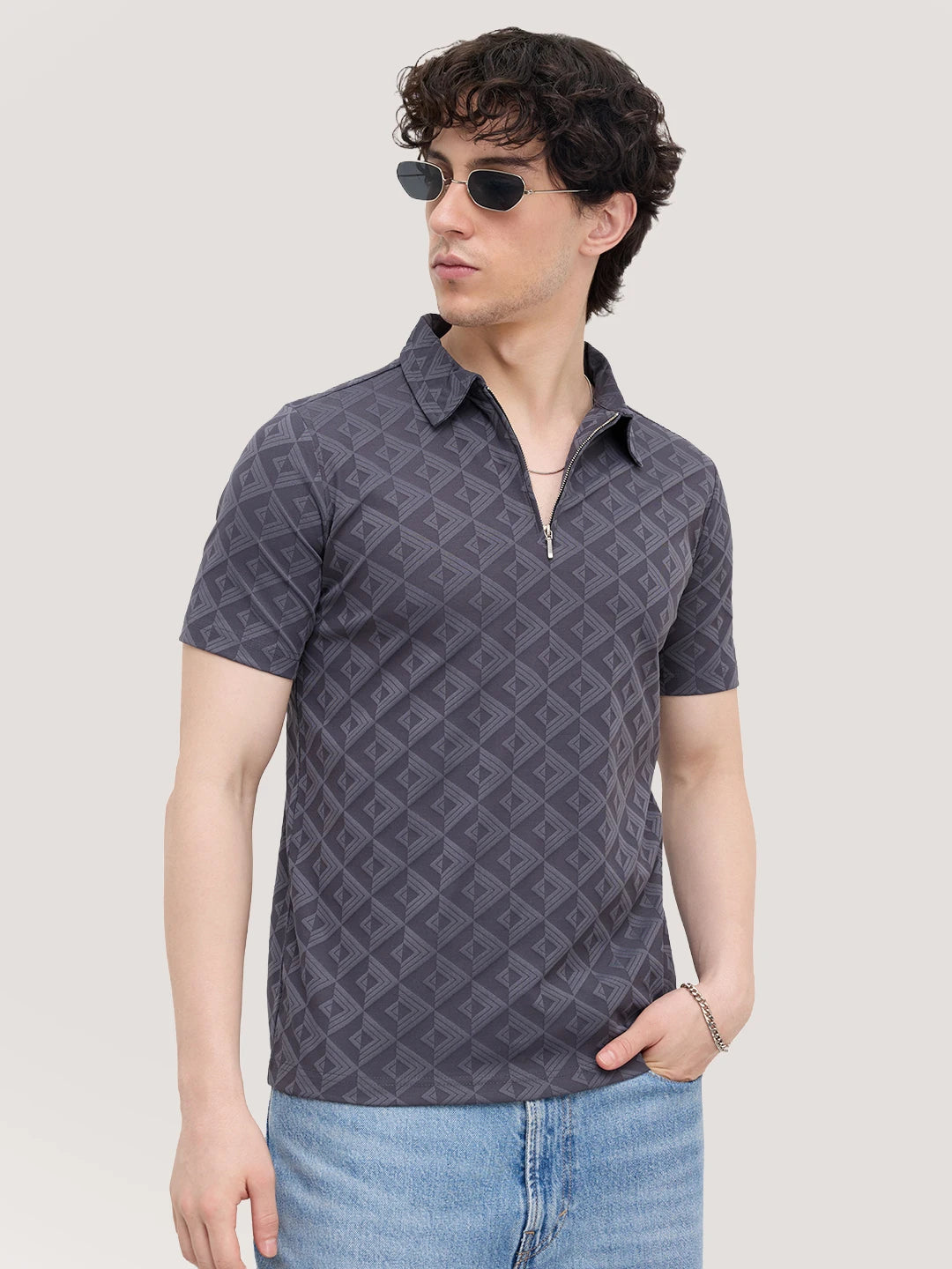 Slate Grey Diamond Embossed Zip Polo Tee