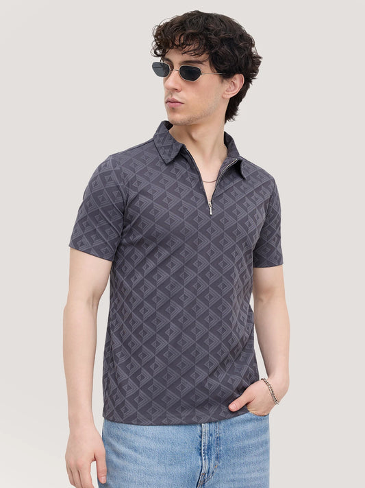 Slate Grey Diamond Embossed Zip Polo Tee