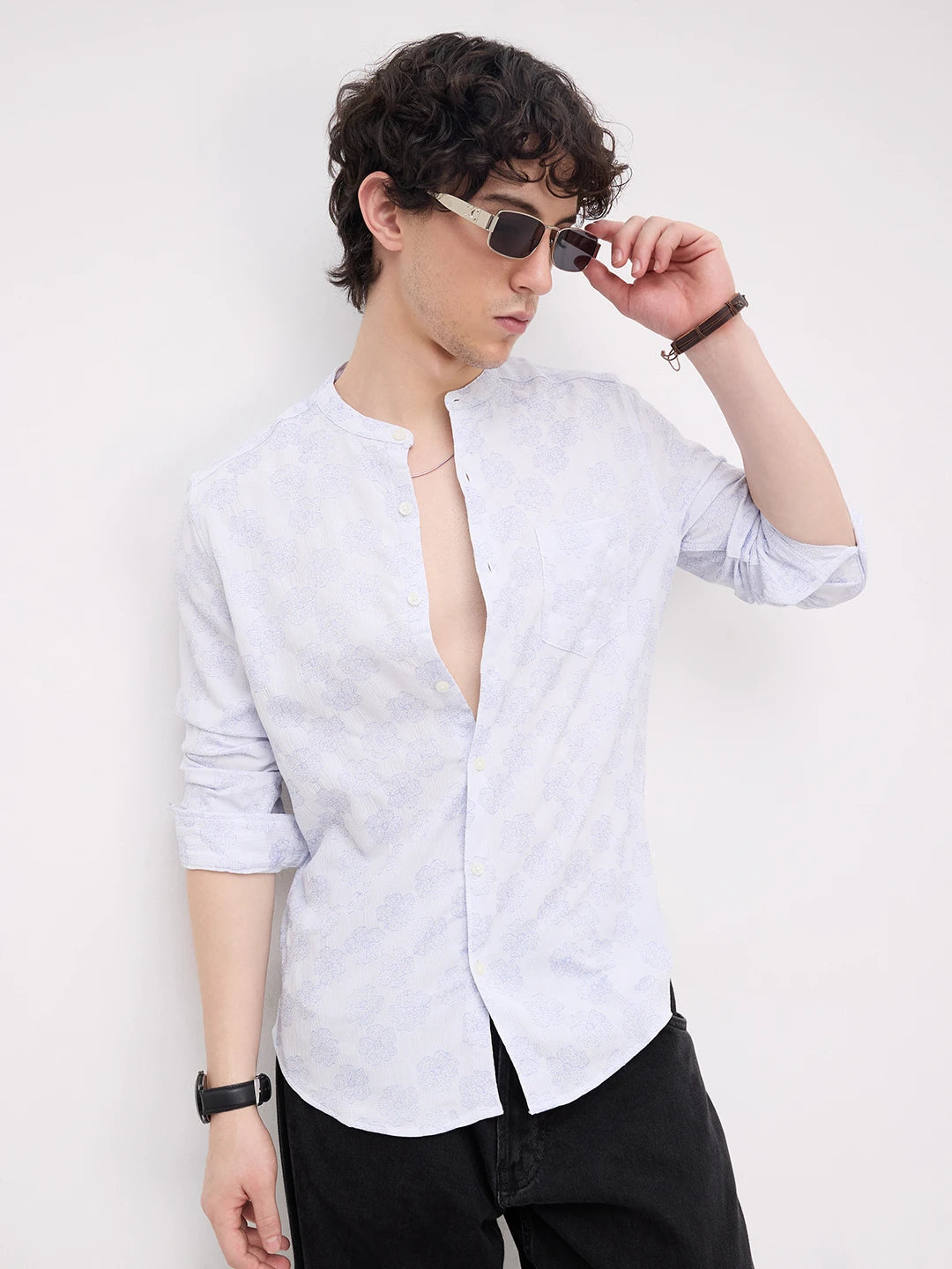 Cool Blue Floral Intricate Creased Mandarin Shirt