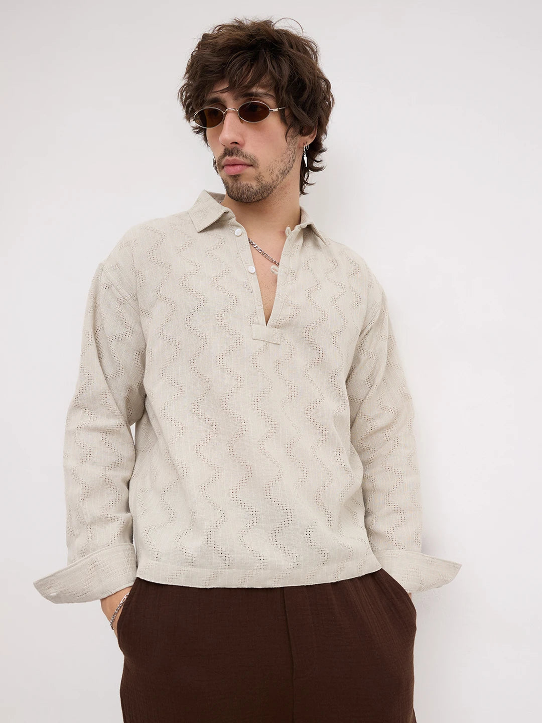 Ash Grey Intricate Crossweave Jacquard Loop Button Oversized Shirt