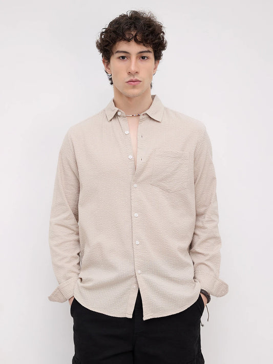 Pearl Beige Seersucker Textured Shirt