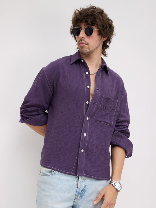Aubergine Purple Contrast Stitch Double Cloth Boxy Fit Crop Shirt