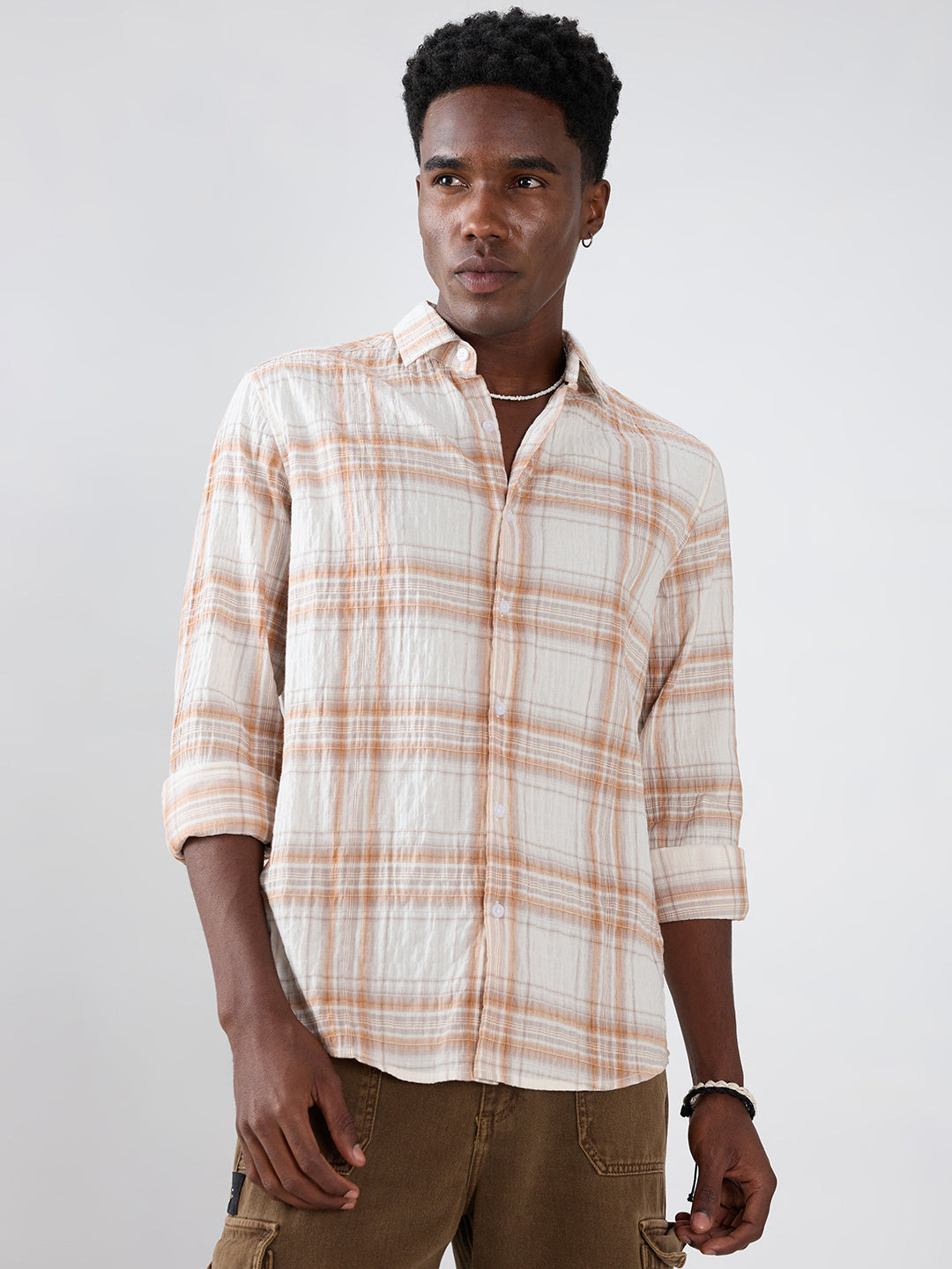 White & Brown Plaid Checks Crinkled Shirt
