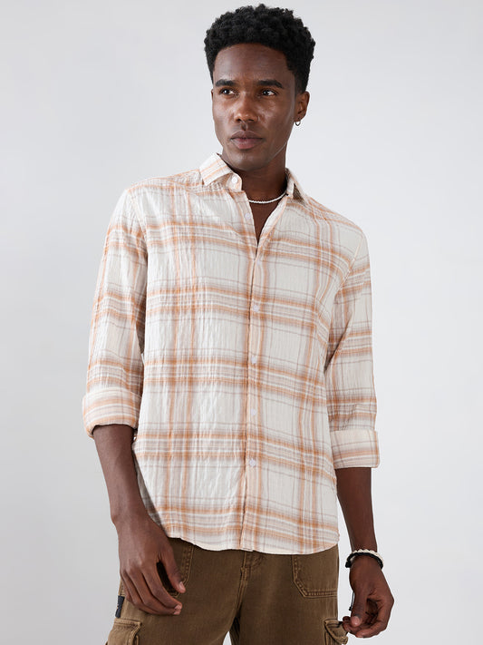White & Brown Plaid Checks Crinkled Shirt