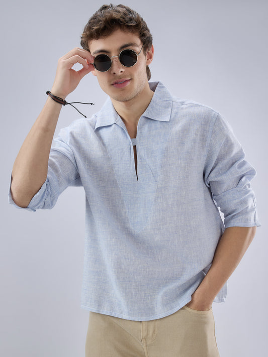 Sky Blue Textured Cuffless Oversized Shirt