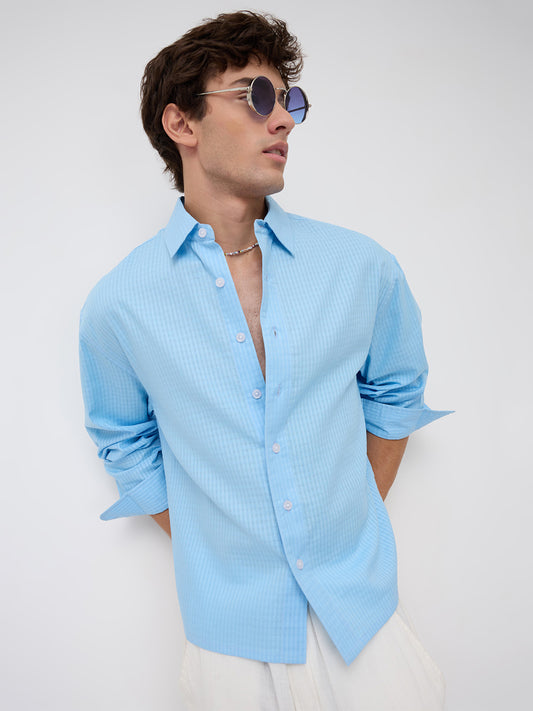 Baby Blue Textured Fine Grid Weave Boxy Fit Crop Shirt