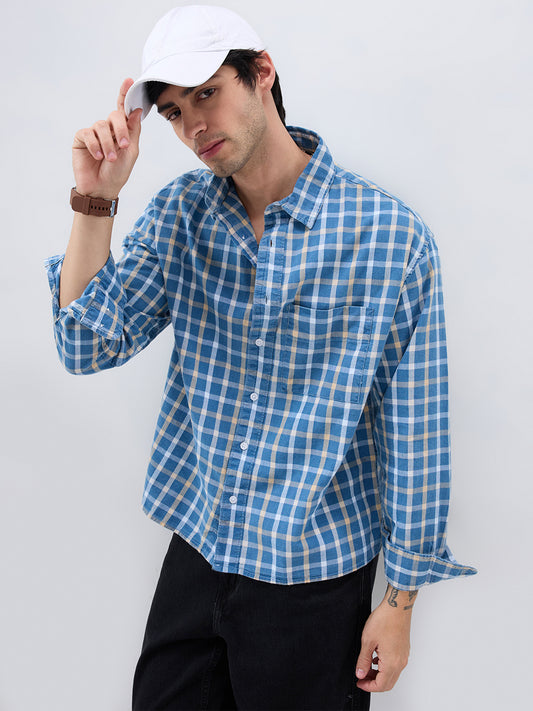 Denim Blue & Beige Comfort Checks Boxy Fit Crop Shirt