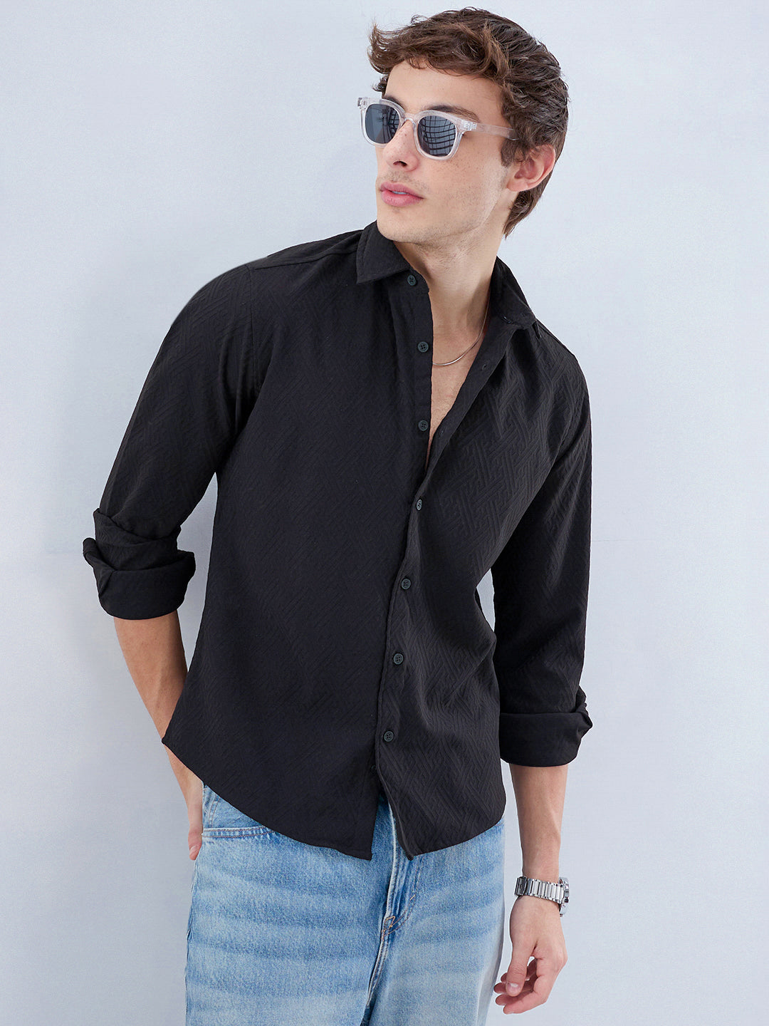 Black Interlock Maze Weave Knitted Shirt