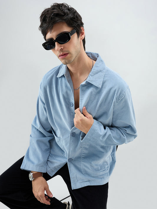 Exquisite Blue Corduroy Double Pocket Oversized Shacket