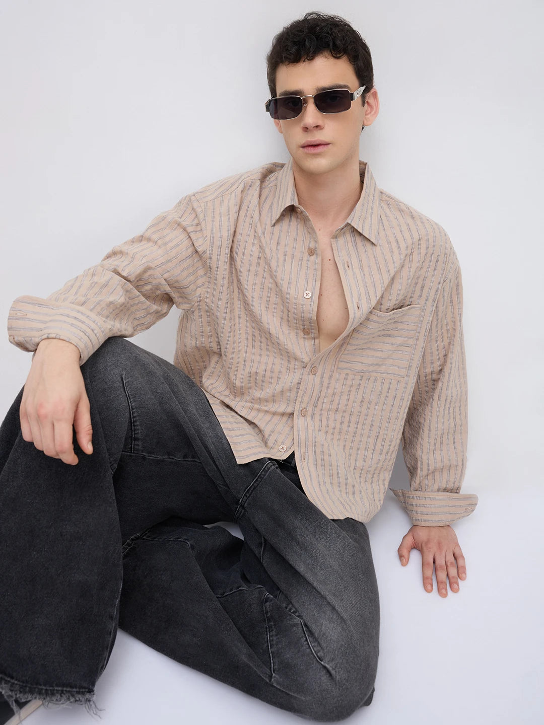 Taupe Beige Fine Striped Boxy Fit Crop Shirt