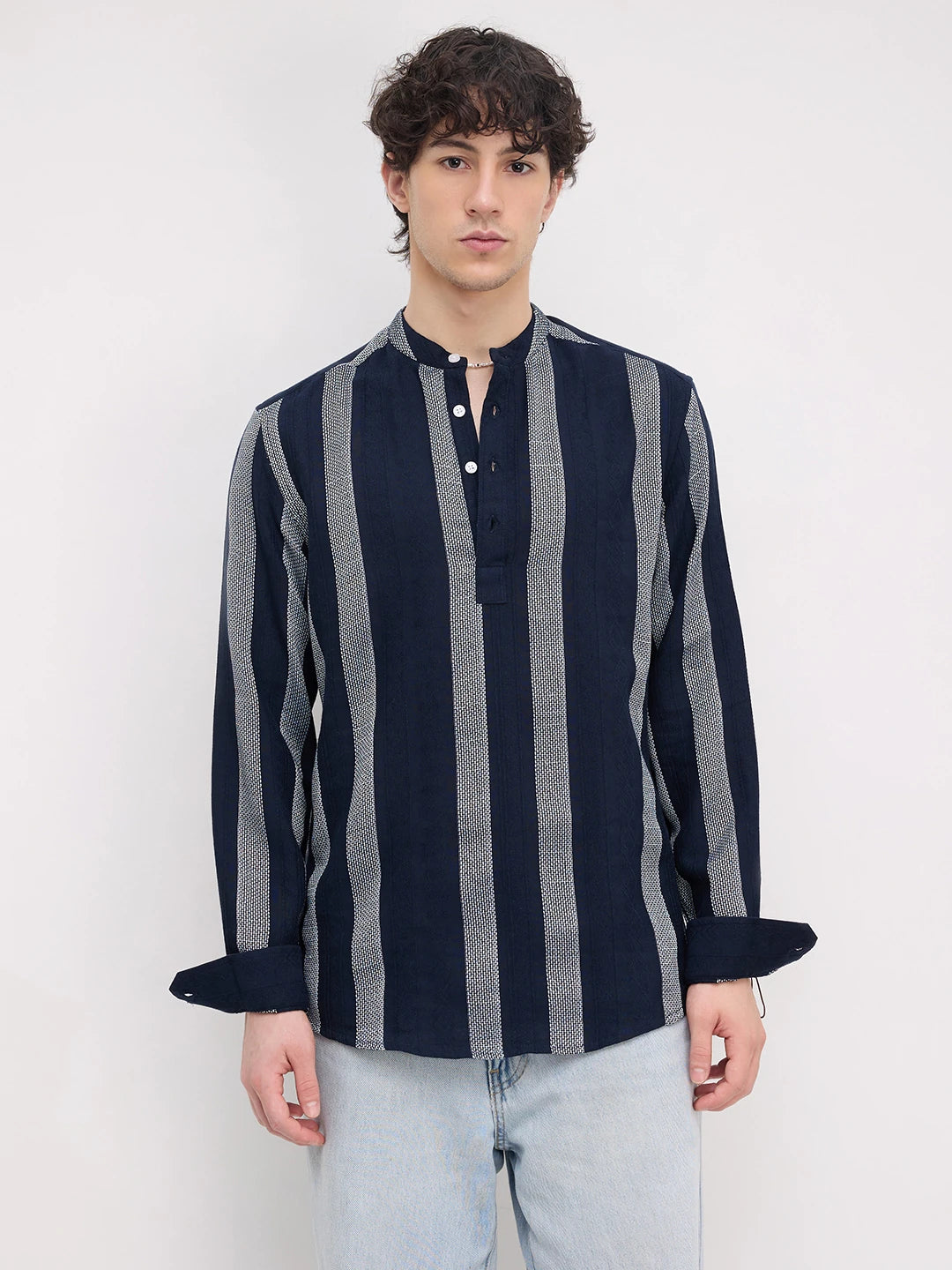 Twilight Navy Artisan Contrast Loom Striped Kurta