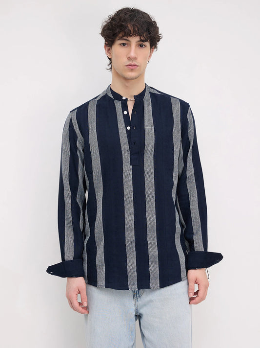 Twilight Navy Artisan Contrast Loom Striped Kurta