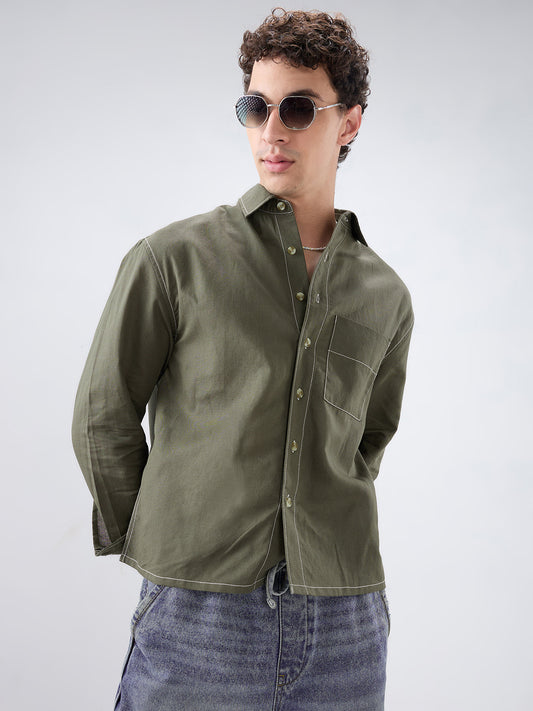 Timeless Olive Linen Blend Contrast Stitch Boxy Fit Crop Shirt