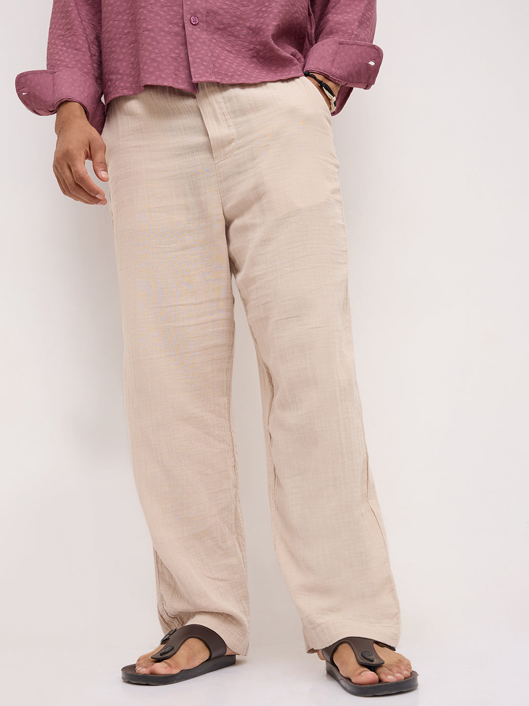 Warm Beige Double Cloth Straight Fit Trousers