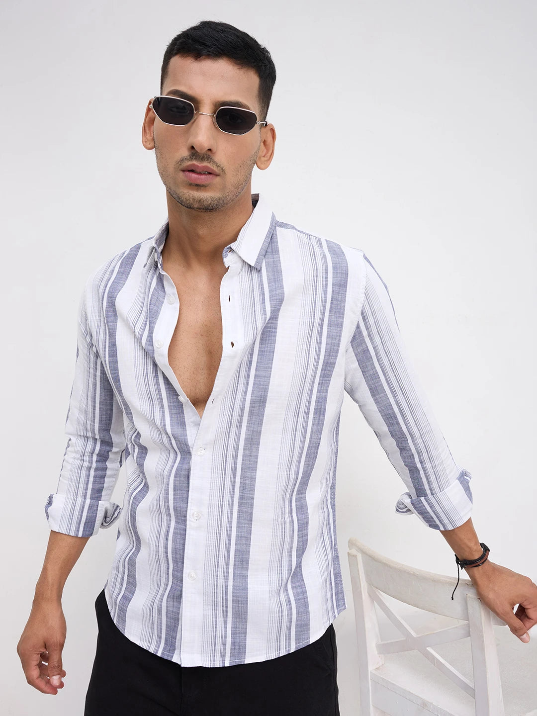 White & Navy Broad Striped Shirt