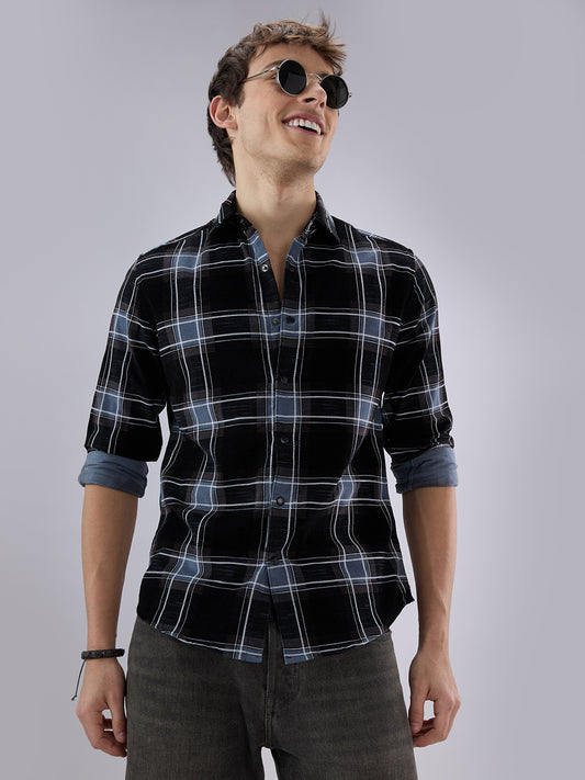 Refined Black & Blue Plaid Checks Flannel Corduroy Shirt