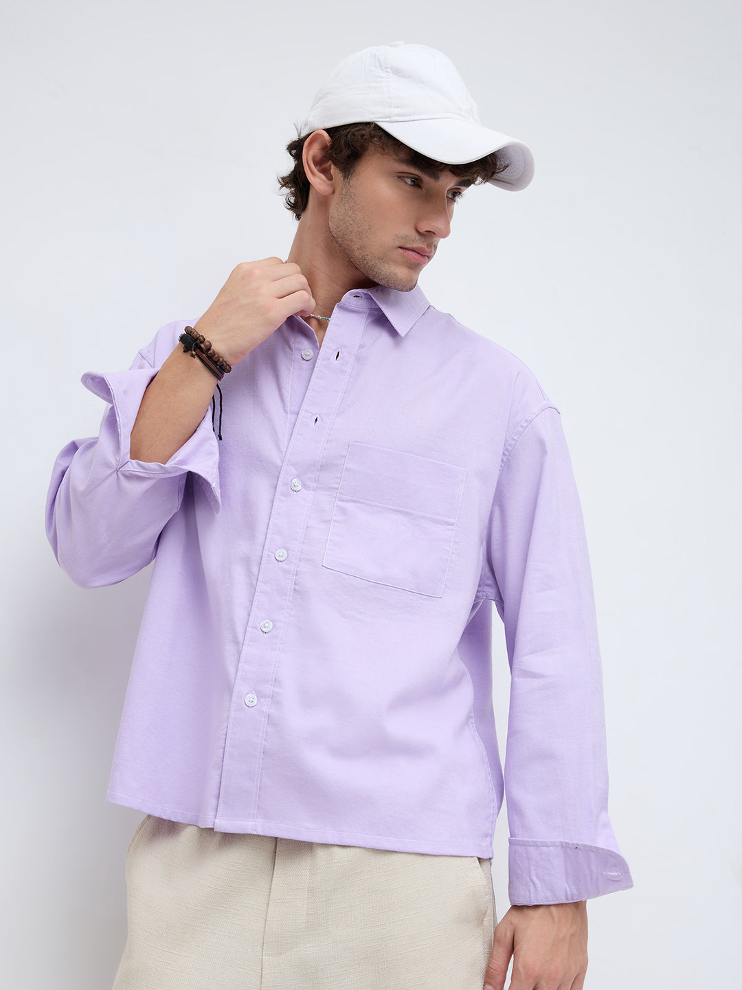 Pastel Lavender Linen Blend Boxy Fit Crop Shirt
