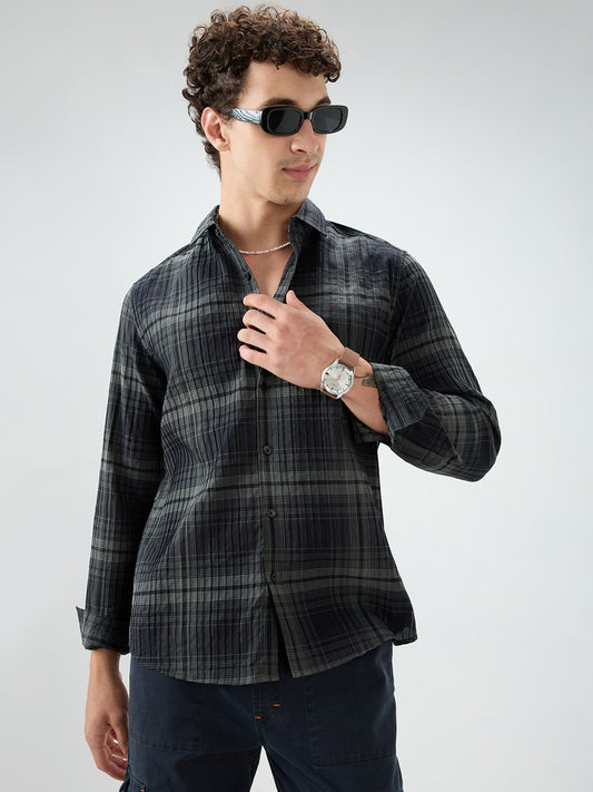 Black & Olive Plaid Checks Textured Shirt