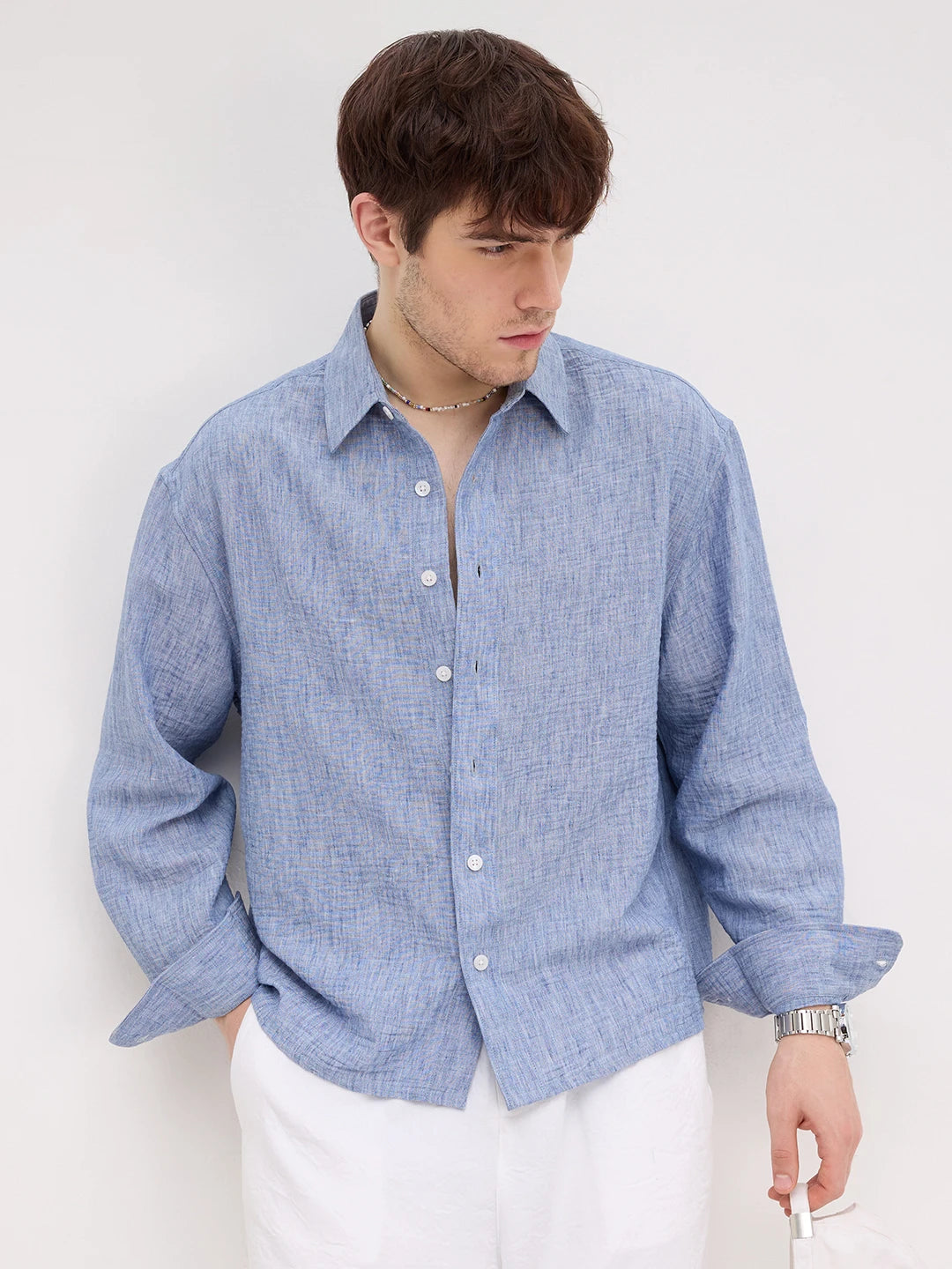 Royal Blue Textured Boxy Fit Crop Shirt