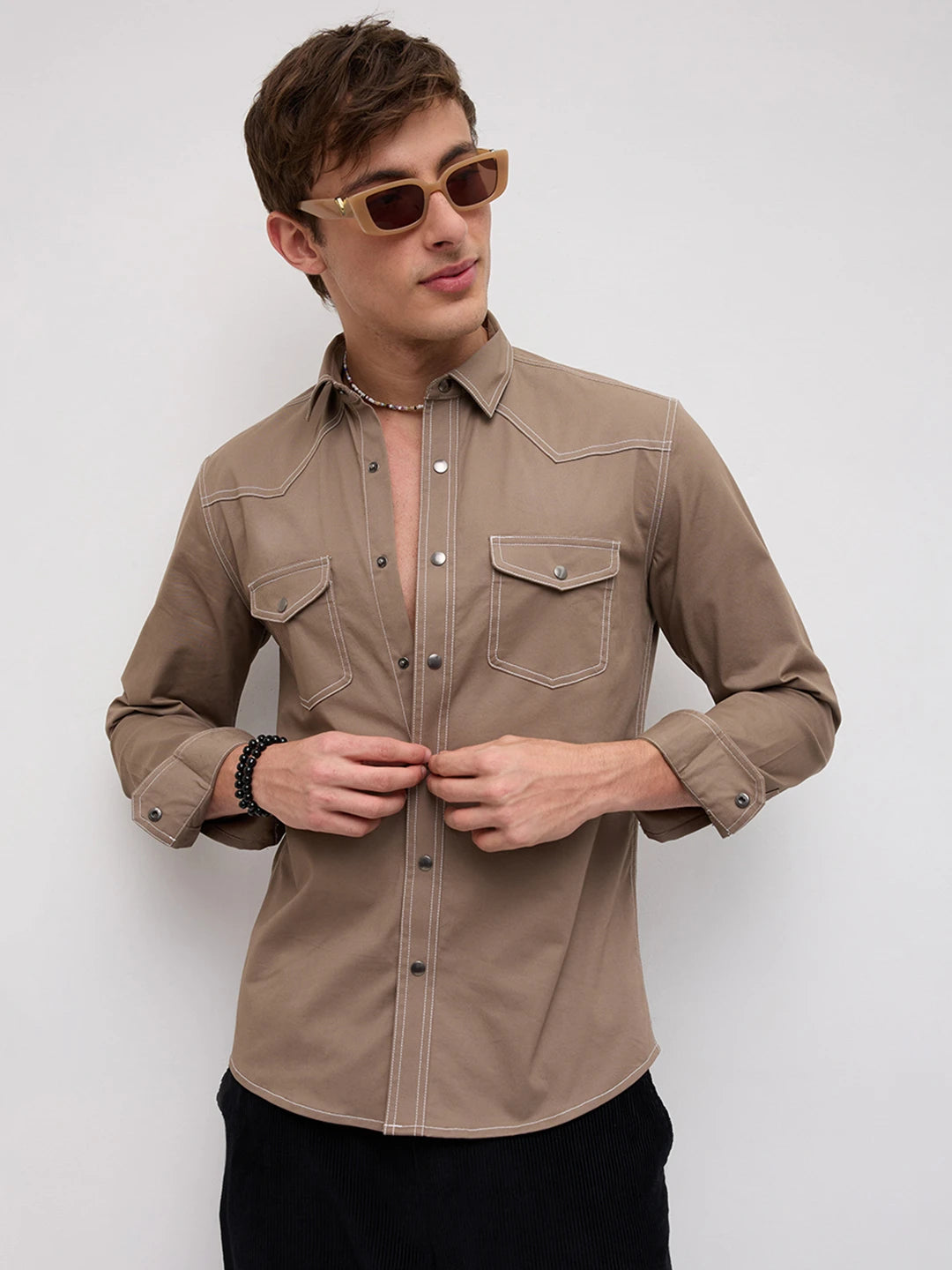 Taupe Contrast Stitch Twin Pocket Shirt