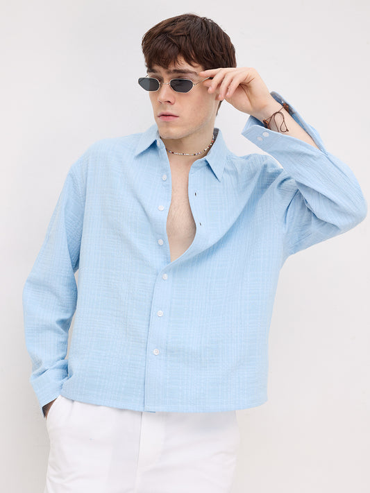 Ice Blue Geometrical Textured Boxy Fit Crop Shirt