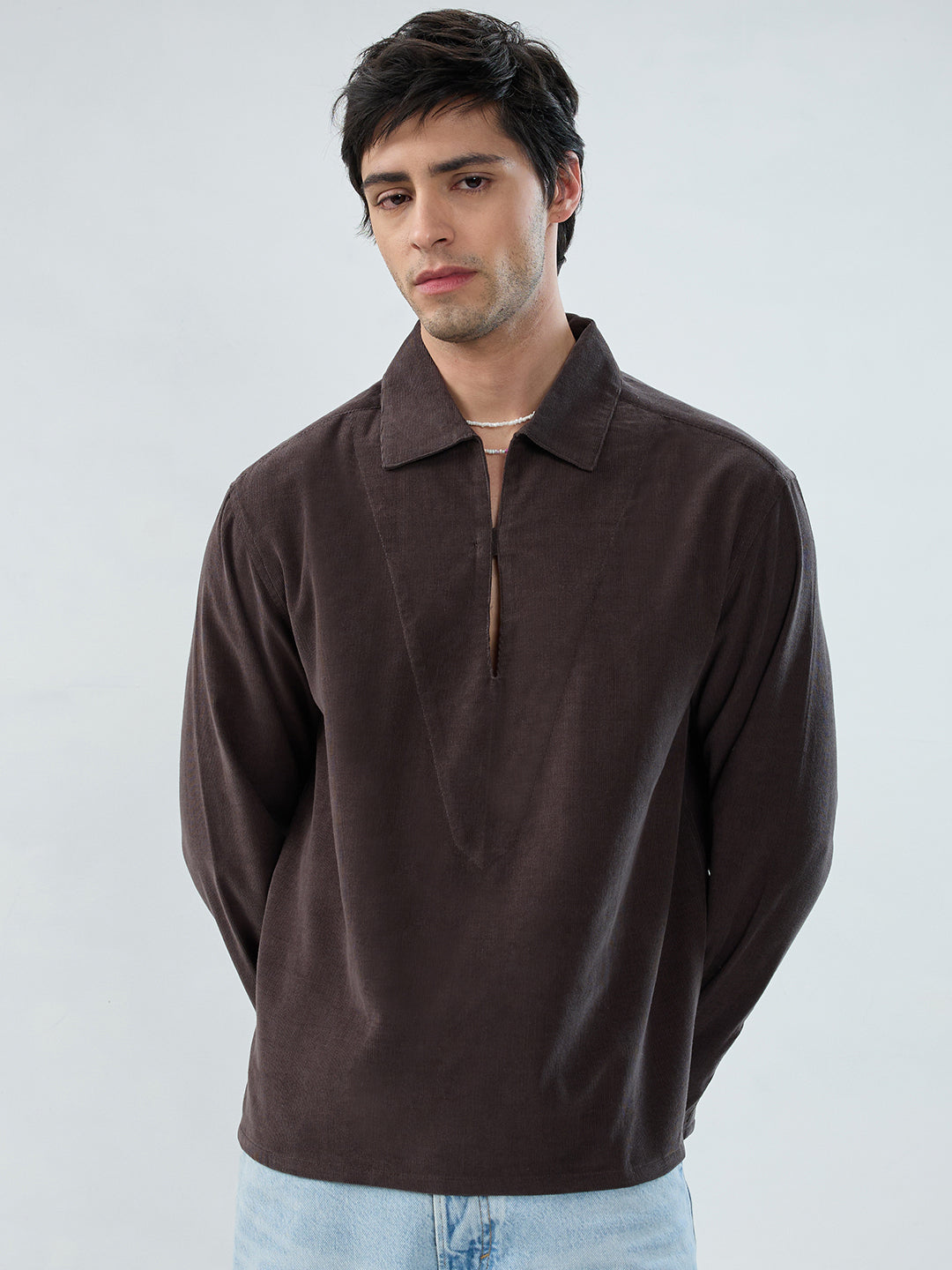 Charcoal Grey Corduroy Cuffless Oversized Shirt