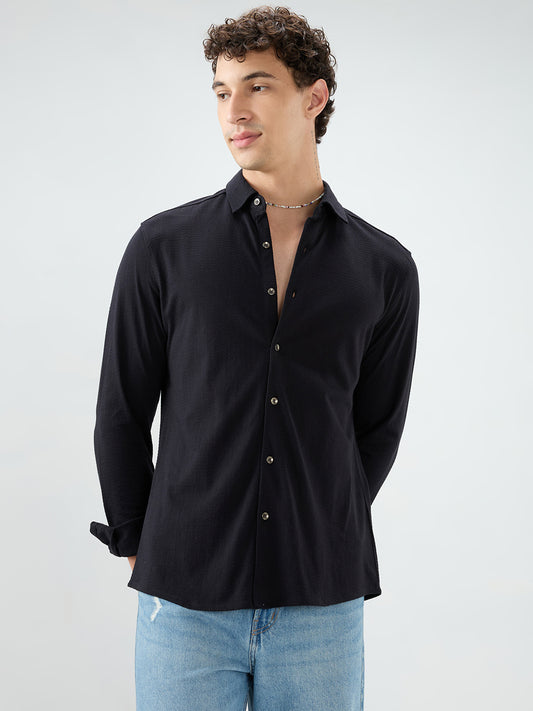 Elegant Black Knit Textured Shirt