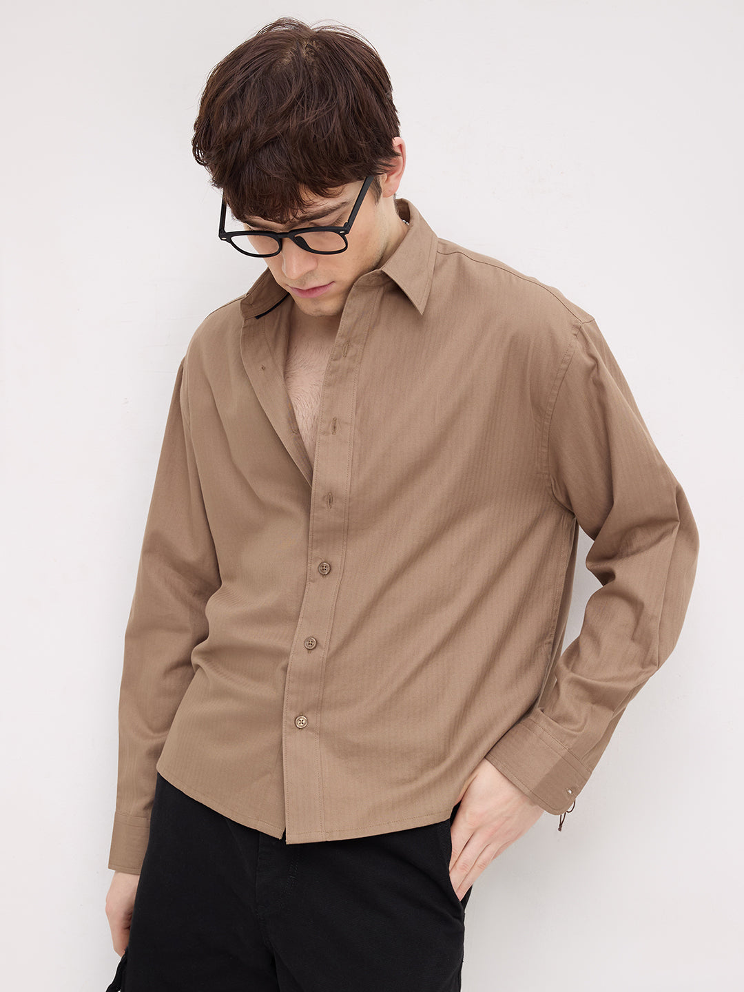 Deep Khaki Herringbone Textured Boxy Fit Crop Shirt