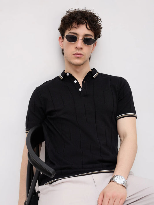 Black Ribline Contrast Polo Knit T-Shirt