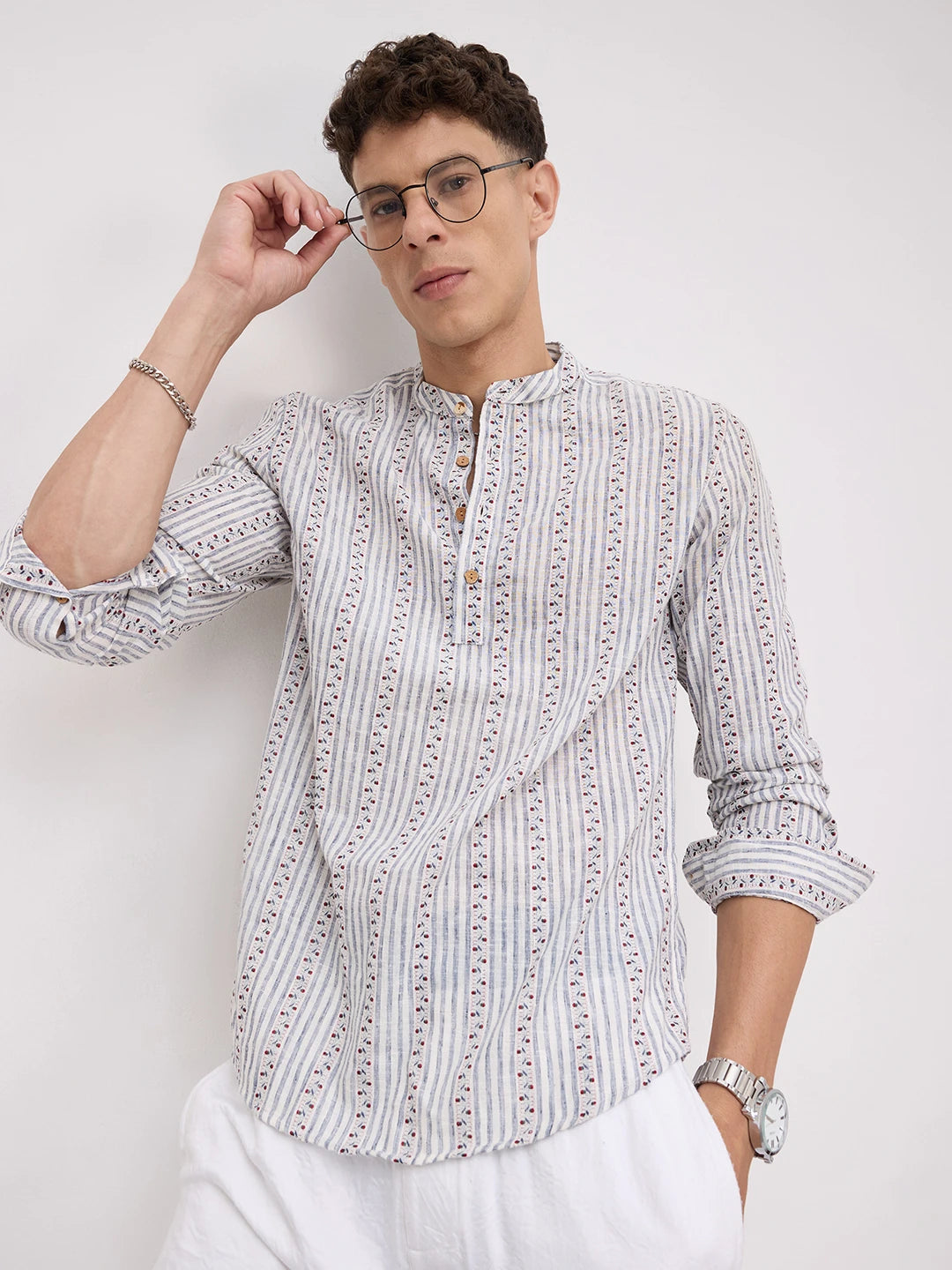 Coastal Mist Linen Blend Striped Kurta