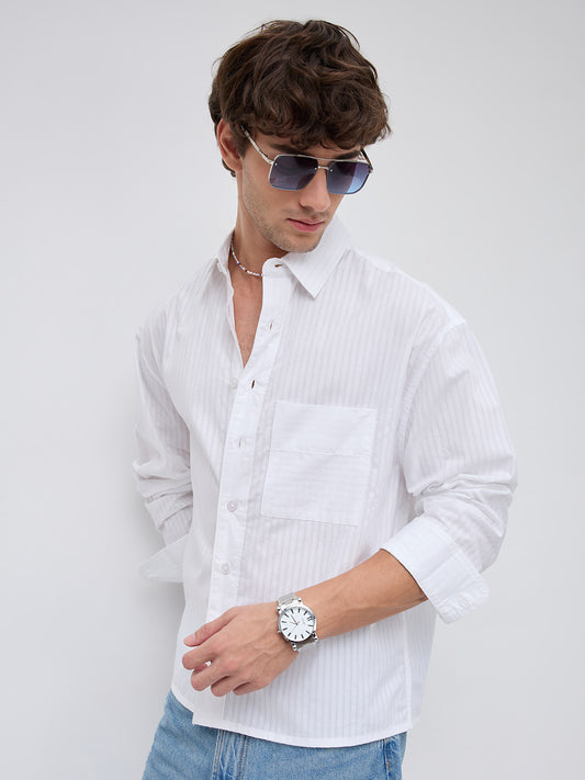 White Mist Sheer Stripe Boxy Crop Shirt