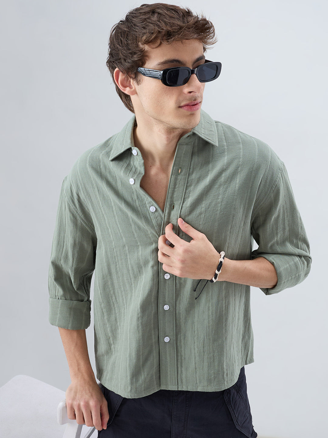 Forest Green Double Cloth Striped Boxy Fit Crop Shirt