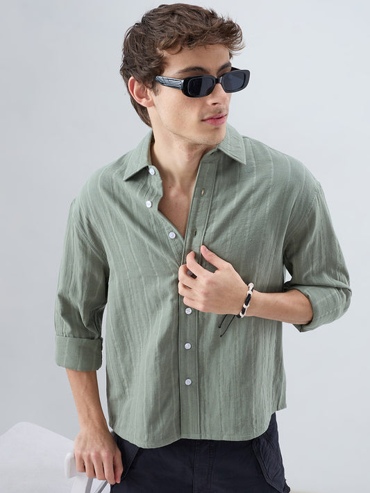 Forest Green Double Cloth Striped Boxy Fit Crop Shirt