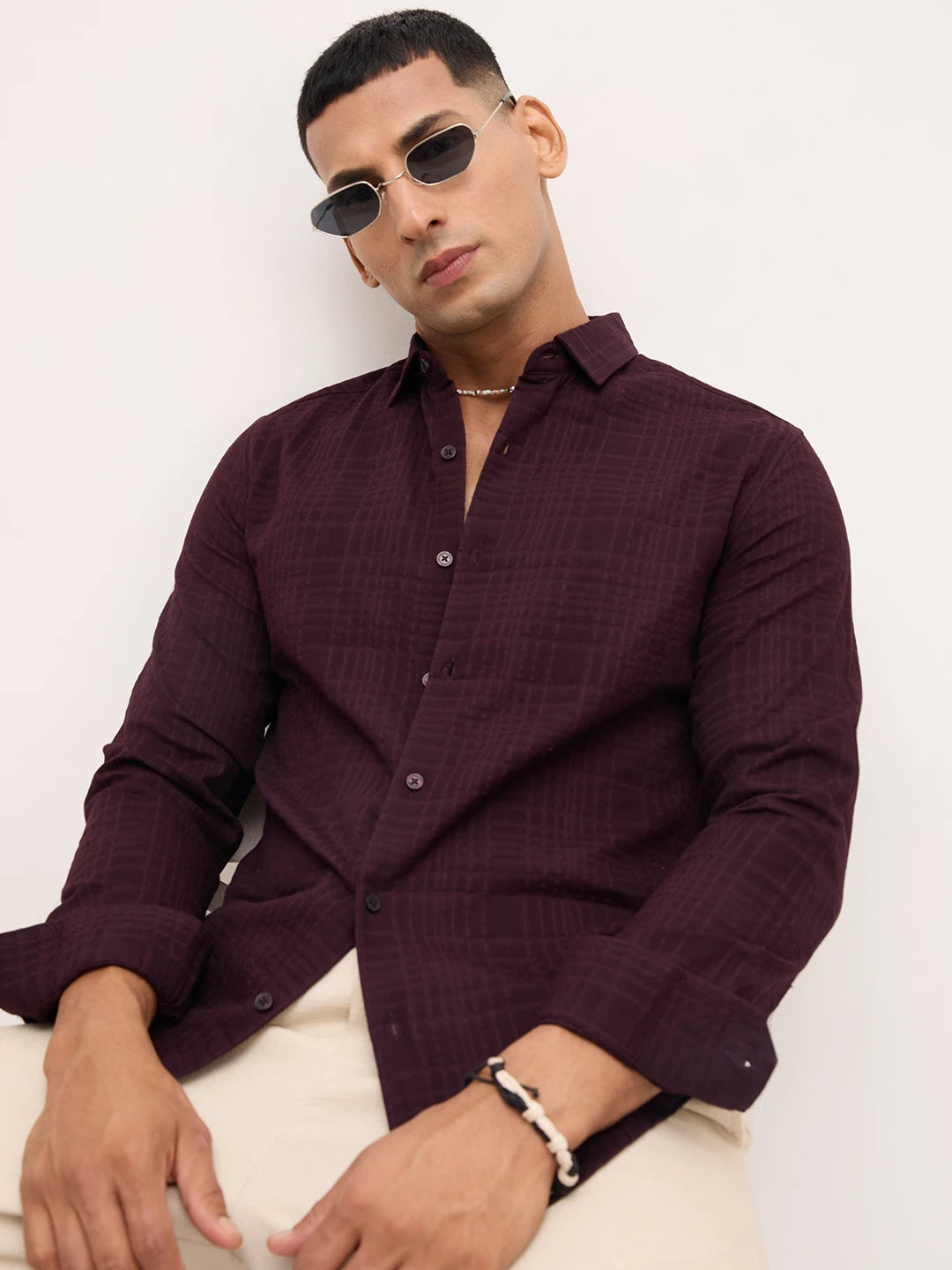 Royal Wine Ledger Checks Double Cloth Shirt
