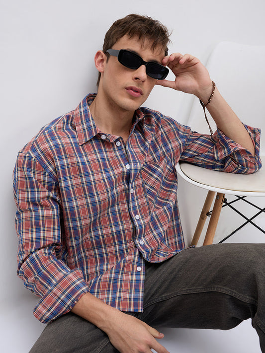 Sunset Denim Multi Checks Boxy Fit Crop Shirt