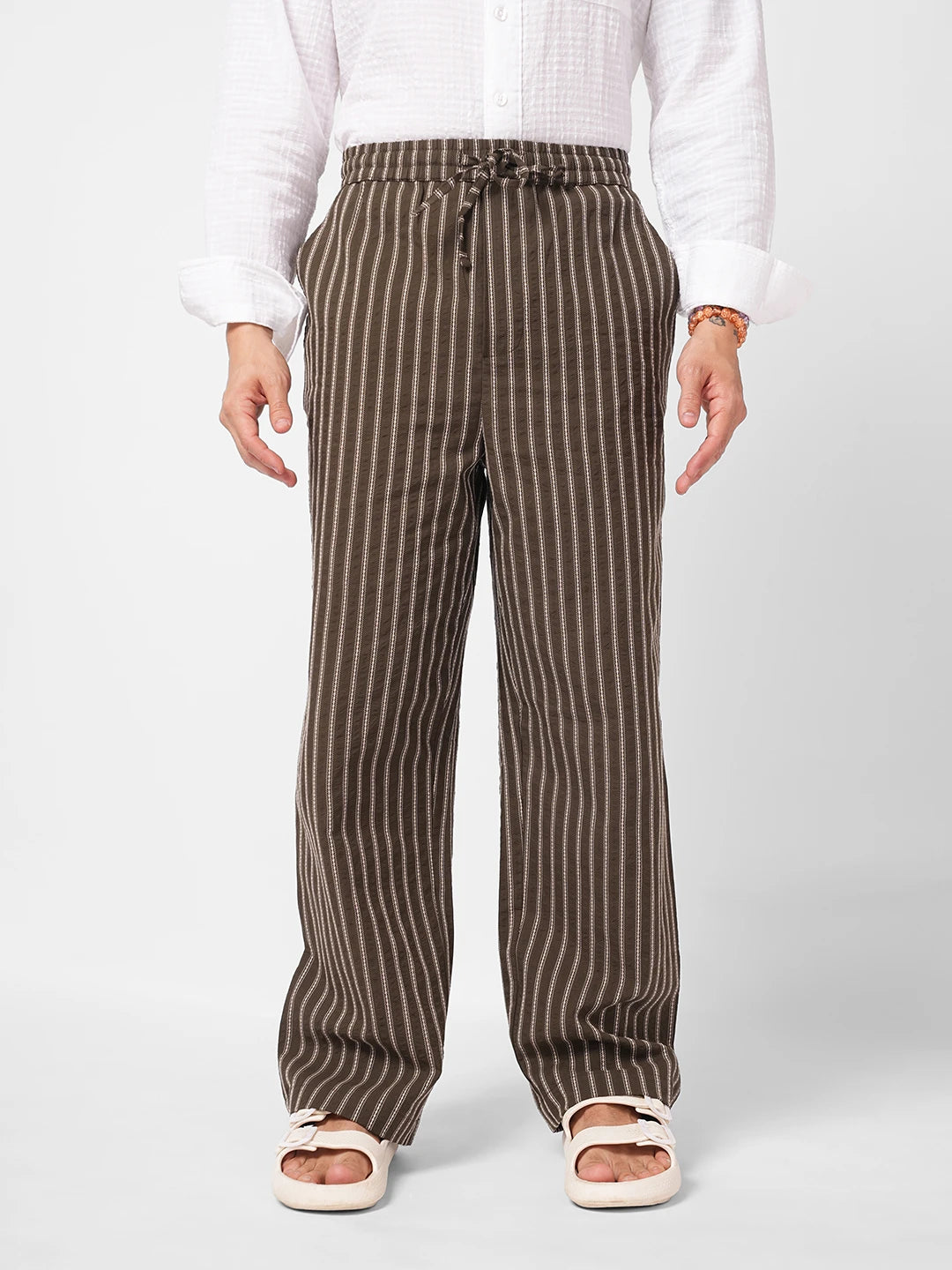 Olive Artisan Fine Embroidered Seersucker Striped Straight Fit Trousers