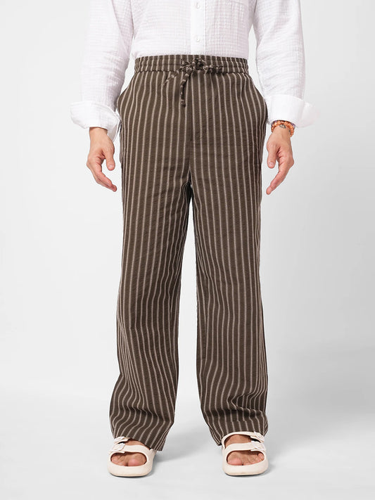 Olive Artisan Fine Embroidered Seersucker Striped Straight Fit Trousers