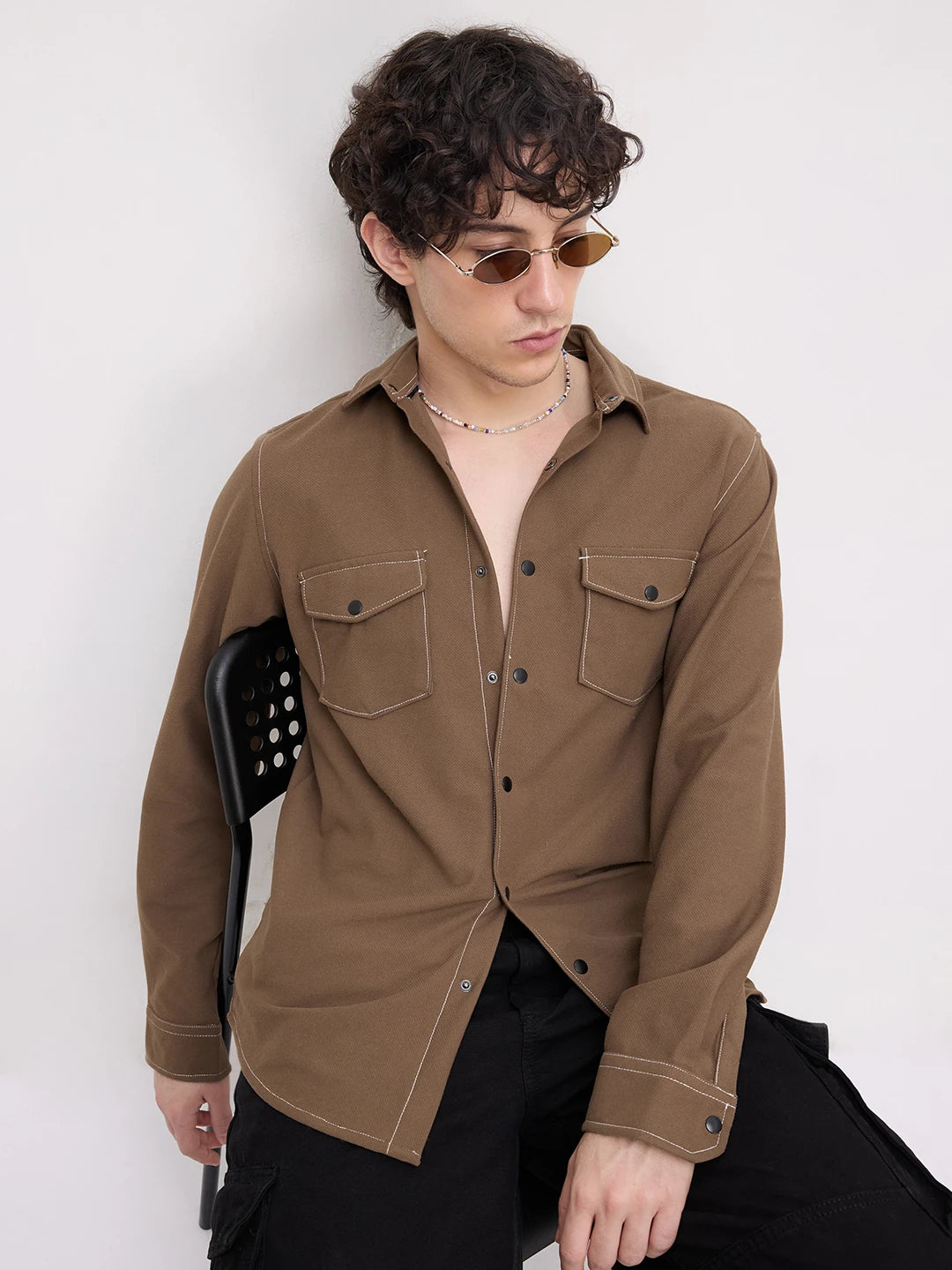 Walnut Brown Twin Pocket Knitted Overshirt