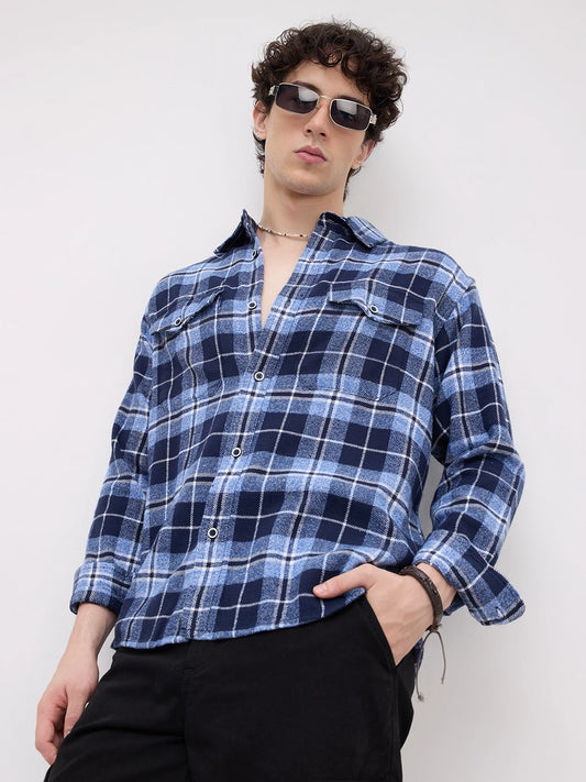 Blue Tartan Checkered Double Pocket Flannel Shirt