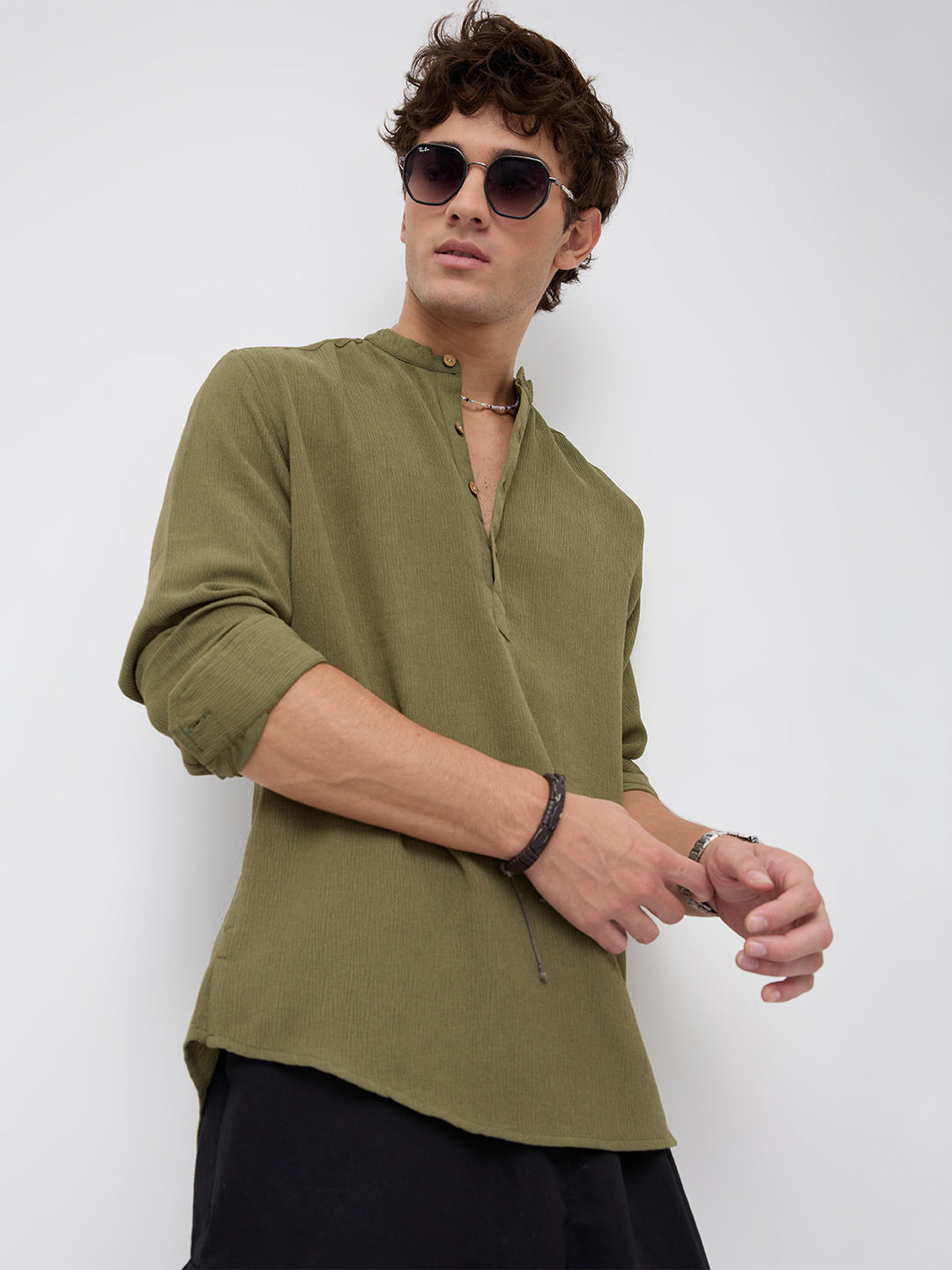 Olive Green Crepe Textured Kurta