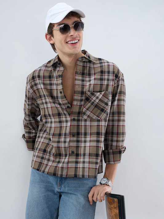 Muted Olive Plaid Checks Boxy Fit Crop Shirt