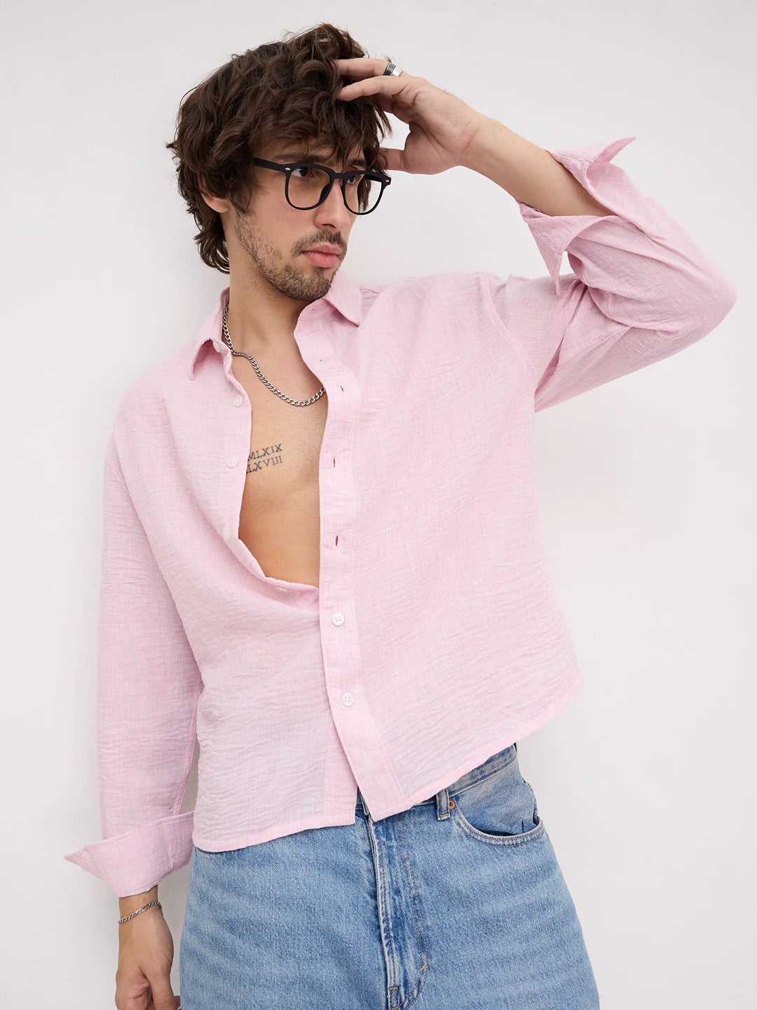 Lustrous Blush Pink Textured Boxy Fit Crop Shirt