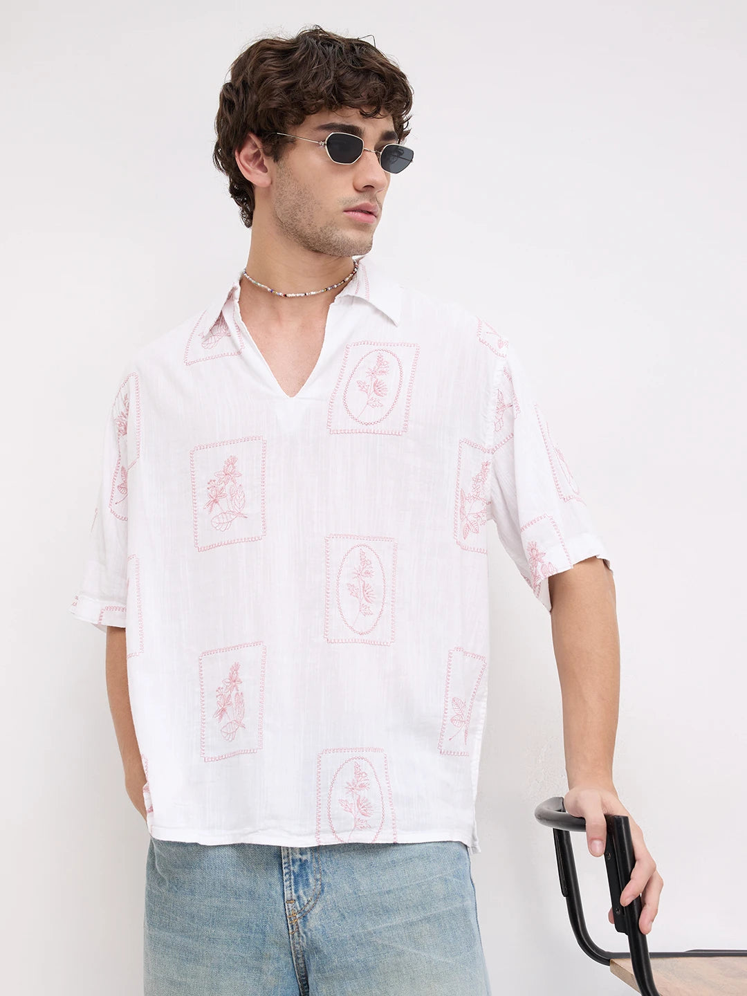 Old Rose Pink Florèal Frame Embroidery Polo Oversized Shirt