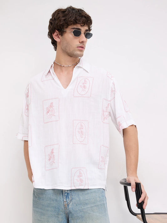 Old Rose Pink Florèal Frame Embroidery Polo Oversized Shirt