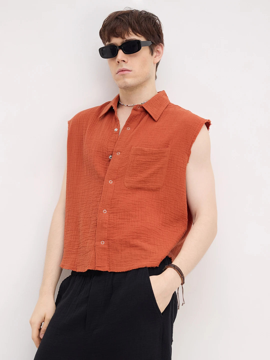 Trendy Fiery Rust Sleeveless Cropped Shirt