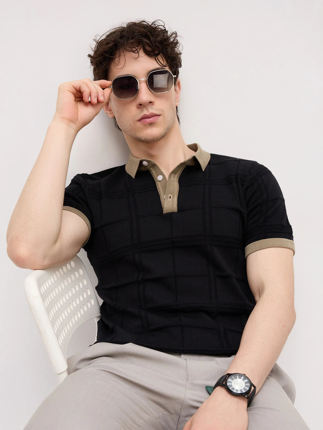 Black Windowpane Textured Contrast Polo Flat Knit T-Shirt