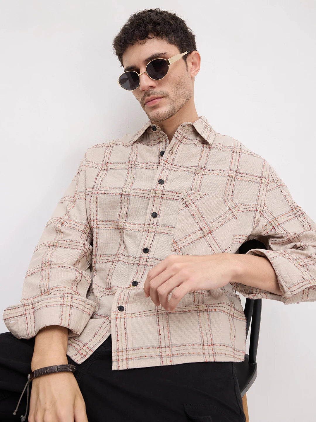 Sunbaked Canvas Weave Plaid Checks Boxy Fit Crop Shirt